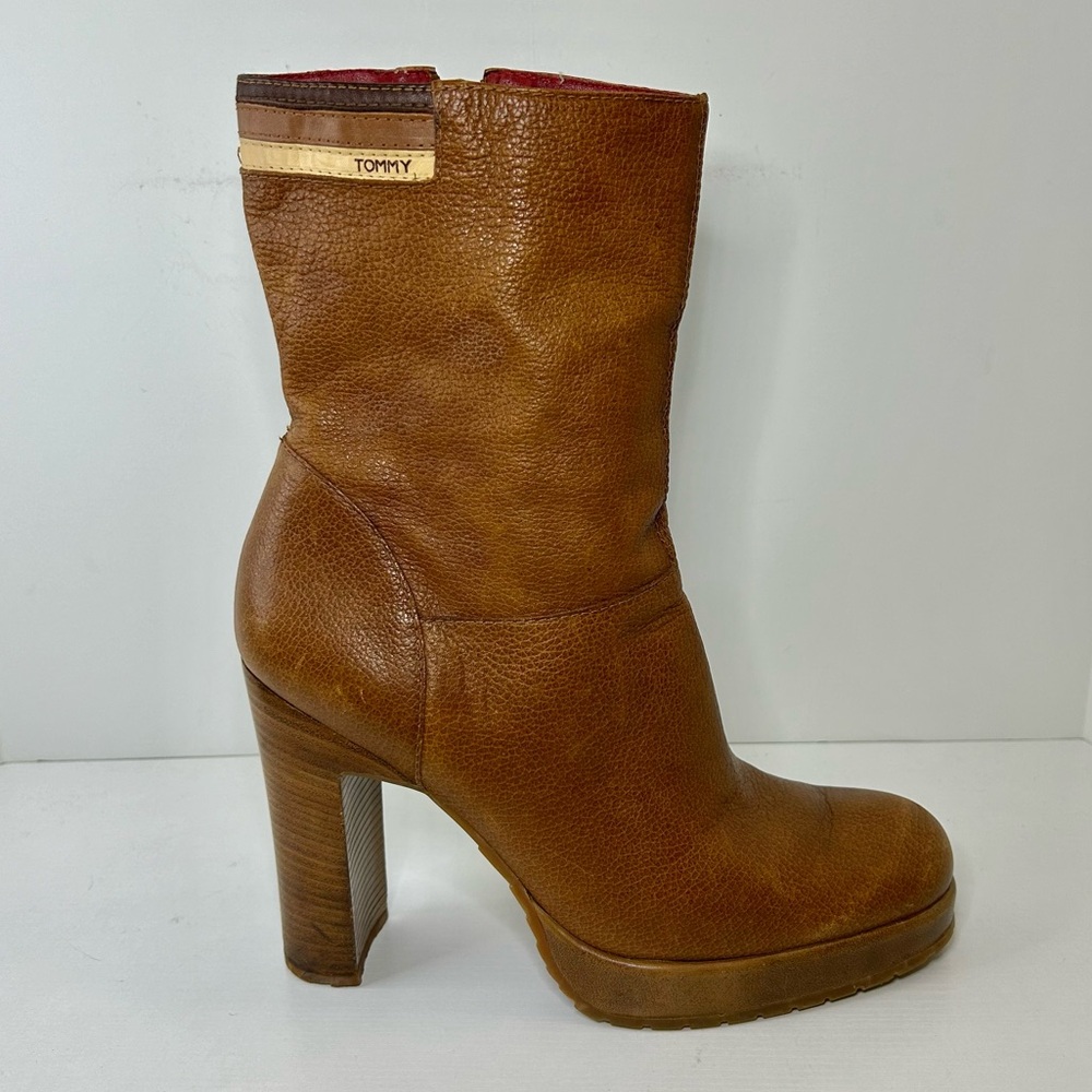 Vintage Tommy Hilfiger 90’s Platform Heel Tan Brown Leather Boots Size 9 - Picture 2 of 16